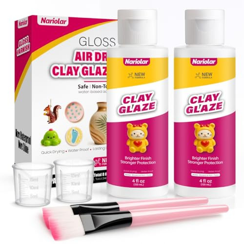 Nariolar Glasur für Ton Lufttrocknend – 2 * 120 ml Air Dry Clay Glaze,Tonlack Glanz mit Messbecher & Pinsel, Kratzfest, Wasserdicht, Hochglänzende Oberfläche für Keramik- und Bastelprojekte