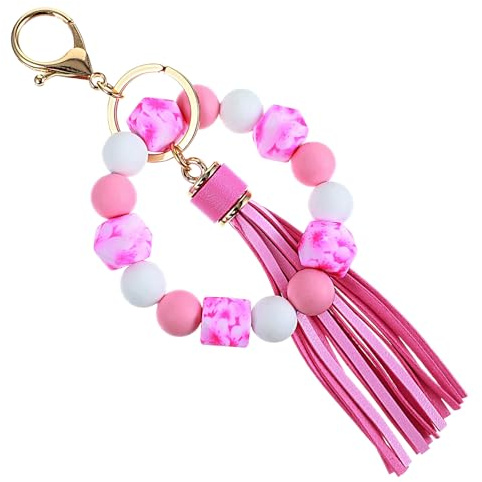 Mabor Schlüsselanhänger Damen, Silikon Schlüsselanhänger Armband Handgelen Autoschlüsselanhänger Elastisches Schlüsselarmband PU Quaste Schlüsselanhängers Perlen Taschenanhänger, Rosa