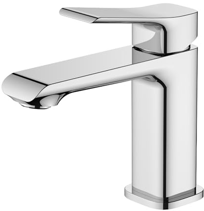 BELZ Basin Mixer Tap, Solid Brass Bathroom Sink Tap with Drip-Free Ceramic Cartridge and G1/2 Hoses, Single Lever Hot & Cold Mixer, Chrome – Size: Height 140mm