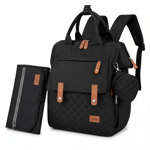 AWASG Wickelrucksack Inkl. Wickelunterlage, Wickeltasche Groß mit Viel Stauraum, Baby Rucksack für Unterwegs, Schwarz