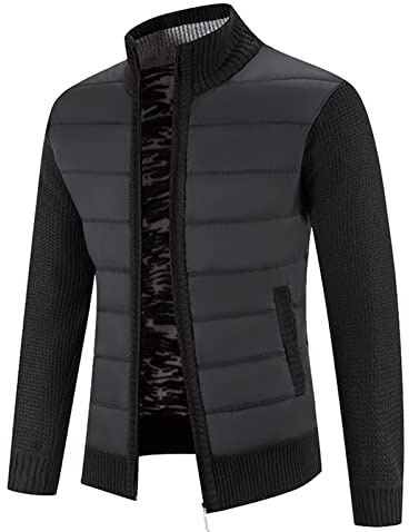 Mens Knitted Cardigan, Hybrid Quilted Fleece Funnel Neck Jacket, Textured Ribbed Sweaters, Stand up Collar Zipper Knitwear, Thick Warm Outerwear