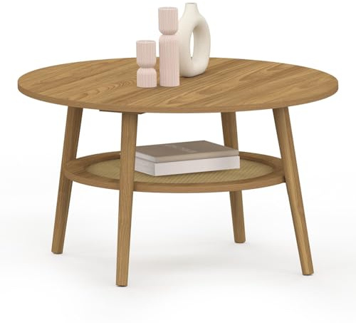 IDMarket - Couchtisch, 70 cm, Hanae, rund, Holzoptik, Buche und Platte in Naturoptik, geriffelt