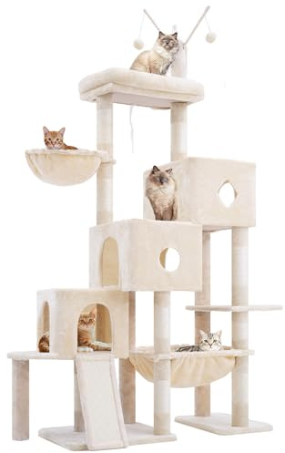Hey-brother Kratzbaum, Stufiger Katzenbaum für Großkatze, mit 3 Katzenbetten, großer Hängematte, liegefläche und Sisalkratzbrett – großes internes Katzenmöbel, 160 cm hoch, Beige EMPJ081M