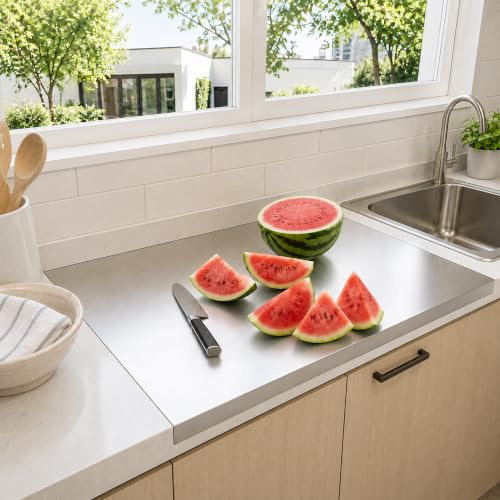 Zenselect Edelstahl-Schneidebrett, Edelstahl Arbeitsplatte, 60 x 40 cm Rutschfeste Schneidebrett mit Kante, Arbeitsplatte mit Schneidebrett für Küche Bar Restaurant zum Kneten von Pizza Brot Kuchen