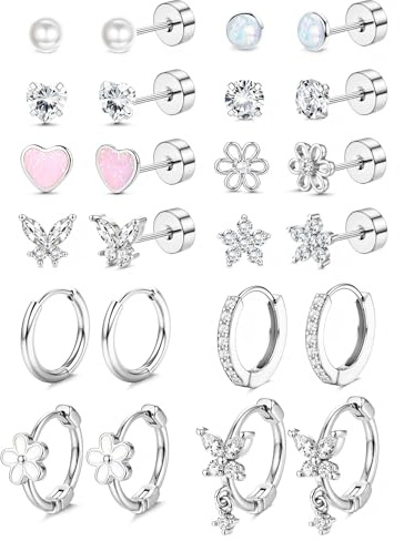 ADRAMATA 12 Pairs Flat Back Earrings for Women Girls Surgical Steel Earring Set 14K Gold Plated Hypoallergenic Earrings Screw Back Earring Stacks Small Hoop Cartilage Tragus Helix Piercing Jewellery