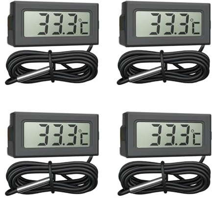 Mini termometro digitale con sonda esterna impermeabile 1 m | Digital LCD Monitor di Temperatura per Rettili Frigorifero Congelatore Acquario Incubatore Pollame 4 Pezzi