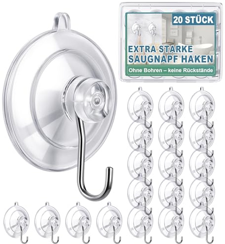 20 Stück Saugnapf Haken - Ø45 mm 4,5kg Saughaken Extra Starker Halt Ohne Bohren, Wasserdicht & Wiederverwendbar für Fliesen Dusche Badezimmer Küche Glas Fenster Camping Auto Weihnachtsdeko (20 stück)