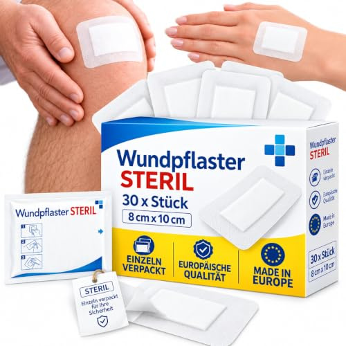Wundpflaster steril 8x10 cm – 30 Stück einzeln verpackt | Selbstklebender Wundverband mit saugfähiger Wundauflage | Pflaster atmungsaktiv & hautfreundlich (8x10cm) (8x10 cm)