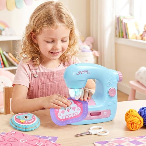 Kids Mini Sewing Machine Toy, Arts Educational Craft Kit with Lights, Finger Guard, Complete Sewing Accessories, DIY Sewing Machine Set for Girls Birthday Halloween Gifts Age 4-12