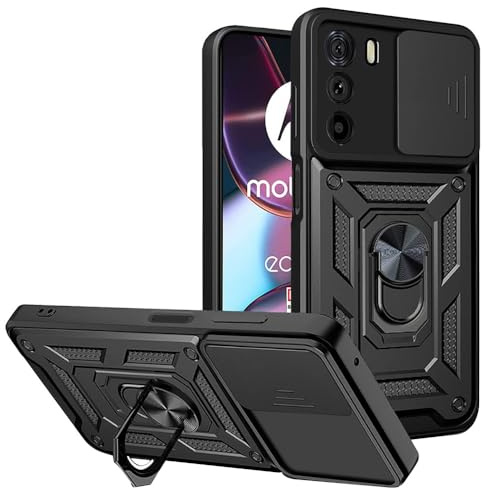 Techsuit für Motorola Edge 30 Hülle mit Schiebe Kameraabdeckung, Ringhalter, Magnethalterung Kompatibel, Erhöhte Kanten, Stoßfest, CamShield Series, Polycarbonat, Schwarz
