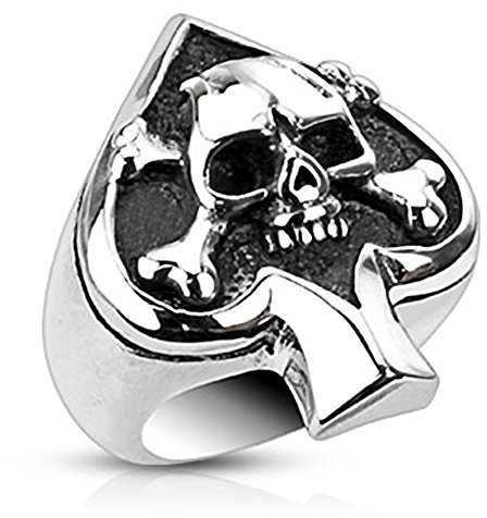 Autiga Pik Ass Totenkopf Ring Herren Damen Edelstahl Biker Gothic Skat Silber 54 - Ø 17,32 mm