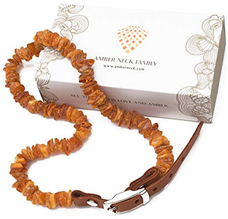 Amber Neck – Bernsteinhalsband für Hunde & andere Haustiere – Handgemacht aus echtem baltischen Bernstein – Echtes Leder – Verstellbar – Geschenkverpackung – Größen 35-40 cm