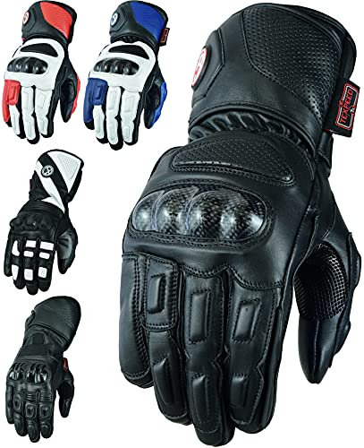 Texpeed Motorcycle Mens Leather Gloves Motorbike Moped ATV Biker Riding With CE Knuckle Armour Protection Black Short - L