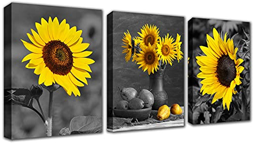 Sunflower Canvas Wall Art Painting - Modern Bathroom Kitchen Living Room Decor Nature Yellow Flower Pictures and Prints Ready To Hang 12x16inch Set of 3 Framed Country Daisy Artwork for Home Office