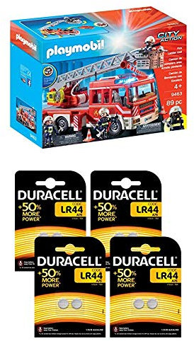 Playmobil Lot Camion de Pompiers avec échelle pivotante - 9463 + Pile Bouton alcaline Duracell spéciale LR44, 8 Piles