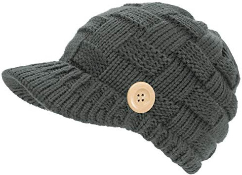 dy_mode Damen Strickmütze Schirmmütze Strick Mütze Mit Holzknopf - A309 (A318-Dunkelgrau)