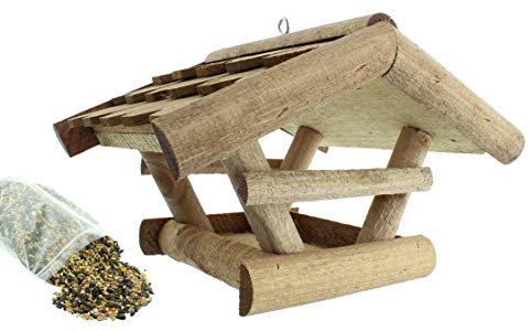 Vogelhaus Futterhaus Vogelvilla Vissel aus Echtholz Dach aus Echtholzschindeln mit Futter