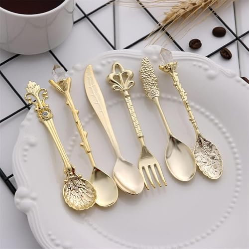 MOUMOUTEN Kaffeelöffel,6Pcs Esslöffel, Vintage geschnitzte Metall Esslöffel Gabel, Royal Style Mini Kaffee Küche Dessert Obst Löffel Teelöffel EIS Löffel(Gold)