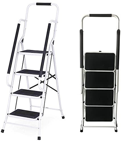 Escabeau Robuste à 4 Marches avec Main Courante de Sécurité Tabouret Pliant Portable Marches en Caoutchouc Antidérapant Pédales Capacité de Charge Maximale 150kg
