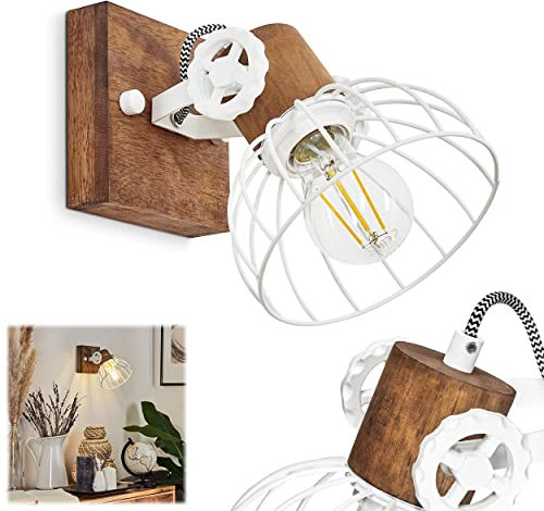 Wandleuchte Orny, Wandlampe im Vintage-Design aus Holz/Metall in Braun/Weiß m. Lichteffekt, Schirm in Gitter-Optik, Leuchte m. Holzbalken, Textilkabeln, verstellbarer Strahler, E27, ohne Leuchtmittel