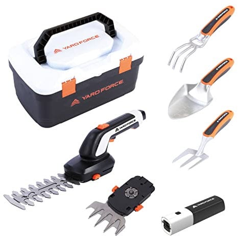 Yard Force VITA Gartenwerkzeug Set 6-teilig inkl. Koffer I Elektrische Grasschere mit 4Ah Akku & Ladegerät I Hochwertige Gartengeräte für kleine Gärten und Balkon
