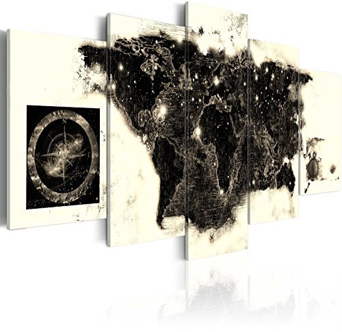 B&D XXL - Wandbilder XXL Weltkarte 150x75cm 5 tlg - Wand Deko Leinwand Bilder Groß Wanddeko Wohnzimmer Schlafzimmer Kunstdrucke - Landkarte World Map Kontinente weiß schwarz