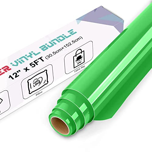 IModeur Green Heat Transfer Vinyl — 30.5 x 152.5 cm(12'' x 5 Ft) Iron on Vinyl for Fabric, PET Backing Green Vinyl for T-Shirts, Clothes, Hats, Bags and Other Textiles, HTV Vinyl Roll Easy to Weed