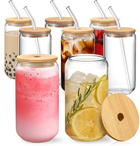 NETANY [ 8pcs Set ] Drinking Glasses with Bamboo Lids and Glass Straw - 16oz Can Shaped Cups, Beer Glasses, Iced Coffee Cute Tumbler Cup, Ideal for Cocktail, Whiskey, Gift 2 Cleaning Brushes