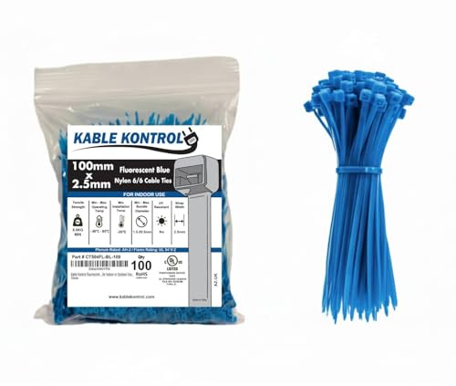 Kable Kontrol Fluorescent Blue Cable Ties, 100 mm x 2.5 mm, Pack of 100, 4 Premium Nylon Zip Ties, Multi-Purpose Plastic Tie Wraps, Secure Self-Locking Mechanism, for Home, Garden, Office and DIY