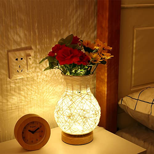 ACMHNC LED Akku Tischlampe aus Rattan und Holz, USB Aufladbare Tischleuchte Kabellos Touch Dimmbar Nachttischlampe im Vase Design, Dekorative Nature Vase lampe für Schlafzimmer Nachttisch Esszimmer