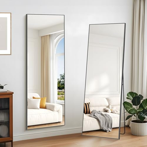 KOCUUY Rechteckig Ganzkörperspiegel, 161 x 52 cm Großer Standspiegel, Groß Wandspiegel mit Schwarz Aluminium Rahmen, Hängend, Stehend, Kippbar, für Wohnzimmer, Schlafzimmer und Flure