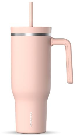 Hydrapeak Voyager - Vaso de acero inoxidable de 40 onzas con asa, botella de agua aislada con popote y tapa, apta para portavasos, reutilizable, taza de viaje (peonía)