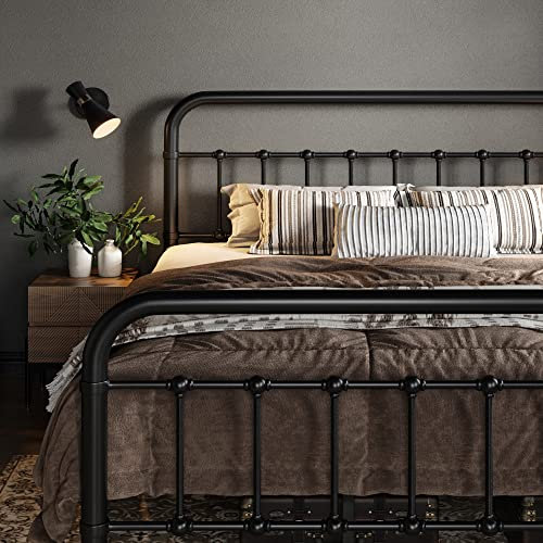Allewie Queen Size Metal Platform Bed Frame with Victorian Style Wrought Iron-Art Headboard/Footboard, No Box Spring Required，Black