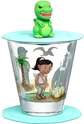 LEONARDO Bambini Avventura 023678 Lot de 3 verres pour enfant, avec couvercle et soucoupe, motif de dinosaure, taille S, capacité 215 ml, passe au lave-vaisselle