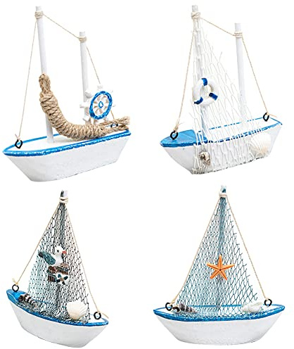 LICHENGTAI Mini Segelboot Modell Holz Segelschiff mit Seestern Steuerrad Maritime Deko Holzboot Mediterraner Stil Boot Schiff Desktop Dekoration für Büro Nautisches Holzboot