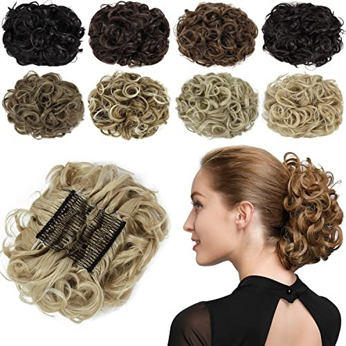 PARXITN Chignon Haarteil Gelockt Dutt Scrunchie Haarverlängerung Synthetische Hochsteckfrisur Kämme in unordentlichem Dutt Haarteil für Frauen Blond gemischt Gämse