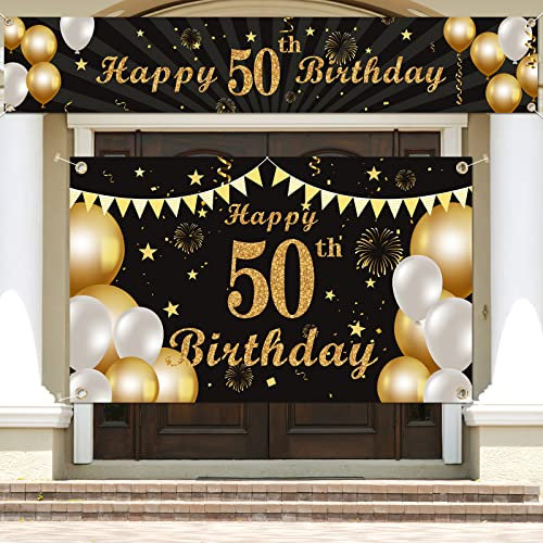 Qpout Long Size 50th Birthday Banner, Extra Large 50th Backdrop, Black and Gold Happy Birthday Banner for All Occasions, Fabulous Party Wall Decorations