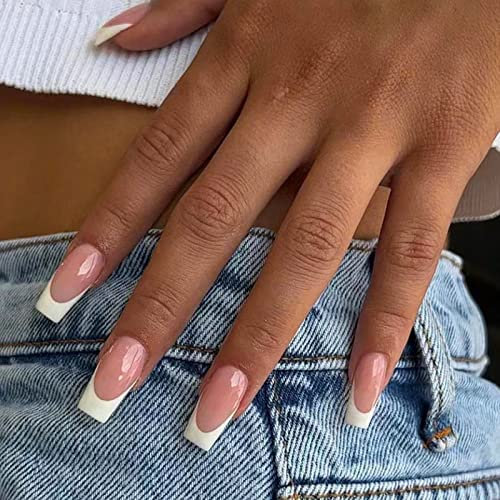 24Pcs Square Press on Nails Medium, French Fake Nails Nude Pink U-shaped Acrylic Full Cover False Nails, Daily Wear Stick on Nail with Glue Sticker for Nail Art Manicure Decoration