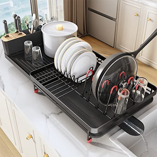 Dish Drying Rack, Expandable Dish Racks for Kitchen Counter, 16.5 to 27 Extendable Multifunctional Extra Large Dish Strainers with Cutlery & Pan Holders, Anti-Rust Dish Drainers with Drainboard