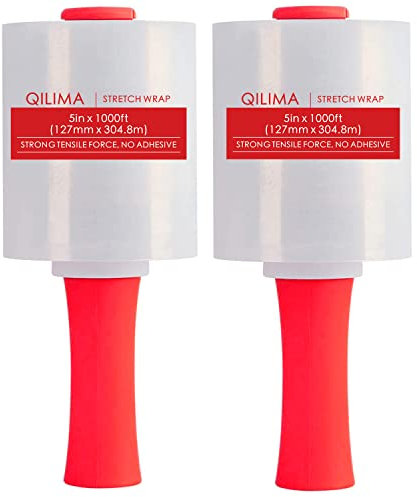 QILIMA 2 Sätze der transparenten industriellen Stretchfolie mit Griff, 12.7 cm, 304.8 Meter, verpackt auf 80-Paletten, langlebige selbstklebende Verpackung, stabile Schrumpffolie, rot