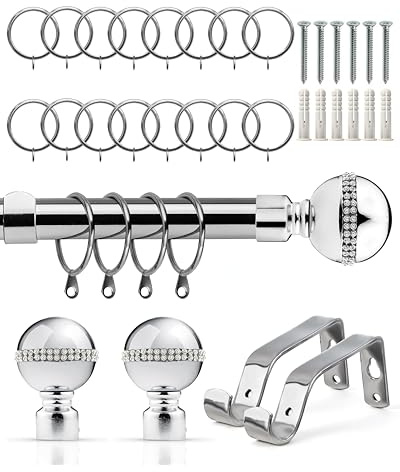 Emma Barclay Extendable Curtain Pole With Finials Rings Brackets & Fittings Sets 16-19mm in Chrome Metal Curtain Poles For Eyelet Curtains Rod - Bling Diamond Collection 1.2m - 2.1m Chrome