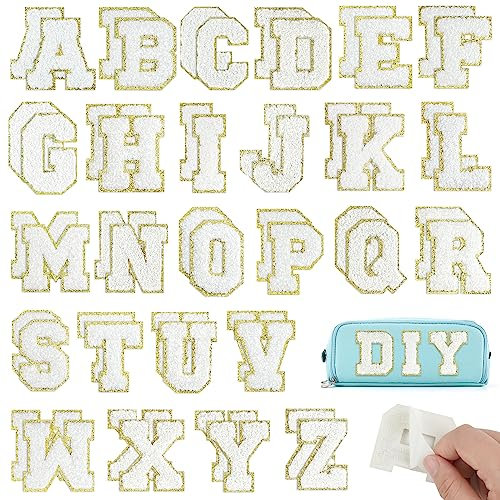 BOUBONI 52Pcs White Chenille Letters A-Z, Self Adhesive Chenille Letter Patches for Fabric Clothing (White, 52)