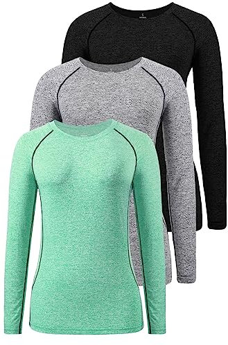 Star Vibe 3 Pack Dry Fit Long Sleeve Tshirt for Women Moisture Wicking Long Sleeve Tee Outdoor Compression Running Workout Tops Black/Grey/Green M