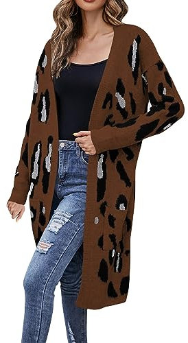 Damen Strickjacke Cardigan Leoparden Casual Strickmantel mit Taschen Langarm Vorne offen Seitentaschen Langarm Strickjacke Sommer Lang Leicht Cardigan