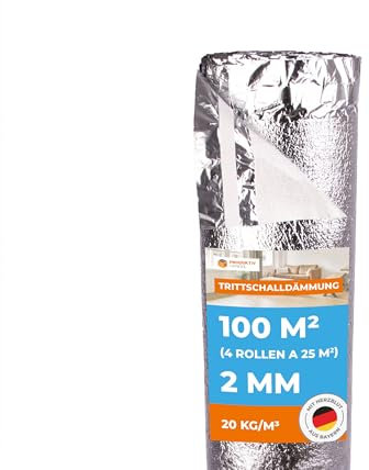 Profi Trittschalldämmung 100 m² PREMIUM SILVER - 4 Rollen 2mm stark mit Dampfsperre, Schall- und Wärmedämmung für Parkett und Laminat, Fußbodenheizung geeignet
