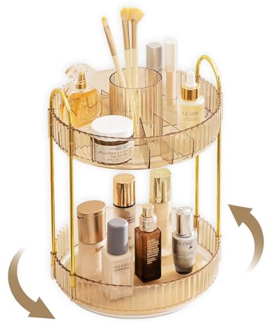 ROLIZOE 360° Drehbar Make Up Kosmetik Organizer 2 Ebenen Schminktisch Organizer Lazy Susan Makeup Skincare Organizer Kosmetik Regal Schmink Aufbewahrung Kosmetikbox für Dresser, Badezimmer, Gold