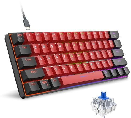 Snpurdiri 60% kabelgebundene mechanische Gaming-Tastatur, 61 Anti-Ghosting-Tasten, RGB-Hintergrundbeleuchtung, ultrakompakte Zwei Ständer (Blauer Schalter/Schwarz Rot)