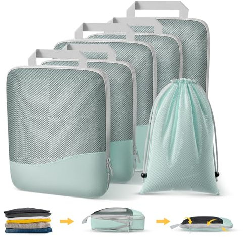 Compression Packing Cubes 6 Stück, Koffer Organizer Kompression, Packwürfel Packtaschen Kompression, Verpackungswürfel Kompression, Packing Cubes Backpack, Reise Organizer Set (Blau)