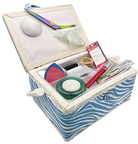 JYC CREATIVE Mittlerer Nähkasten aus Holz mit Zubehör, mit Stoff ausgekleidete Nähbox mit 4 Fächern, Organizer mit Nadelhalter, Box mit Griff, Zubehörtablett, (Herzen, mittel)