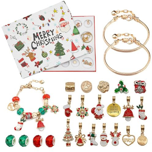 Adventskalender 2023 24Pcs DIY Weihnachten Armband Set Weihnachten Thema DIY Charm Armband Making Kit Beste Weihnachtsgeschenke Charm Armband 2 Armbänder (Gold)
